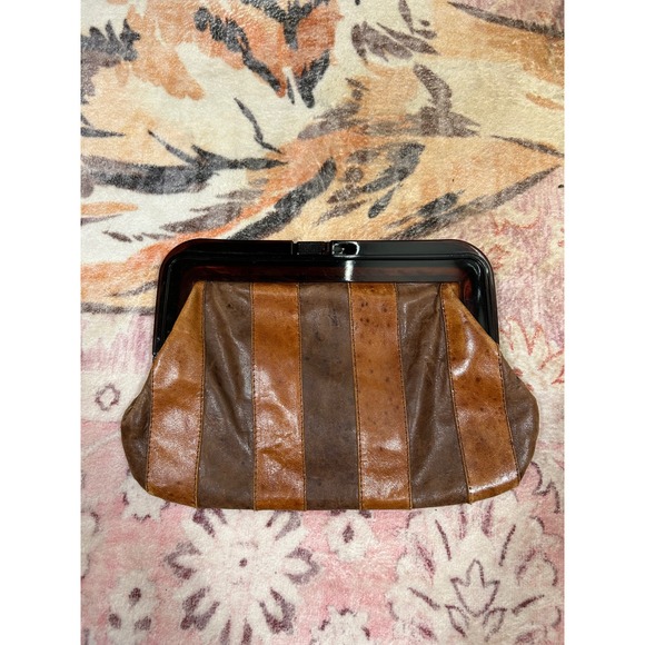 Vintage Patchwork Leather Clutch Bag Brown Striped Tortoiseshell Frame Handbag - Picture 2 of 5